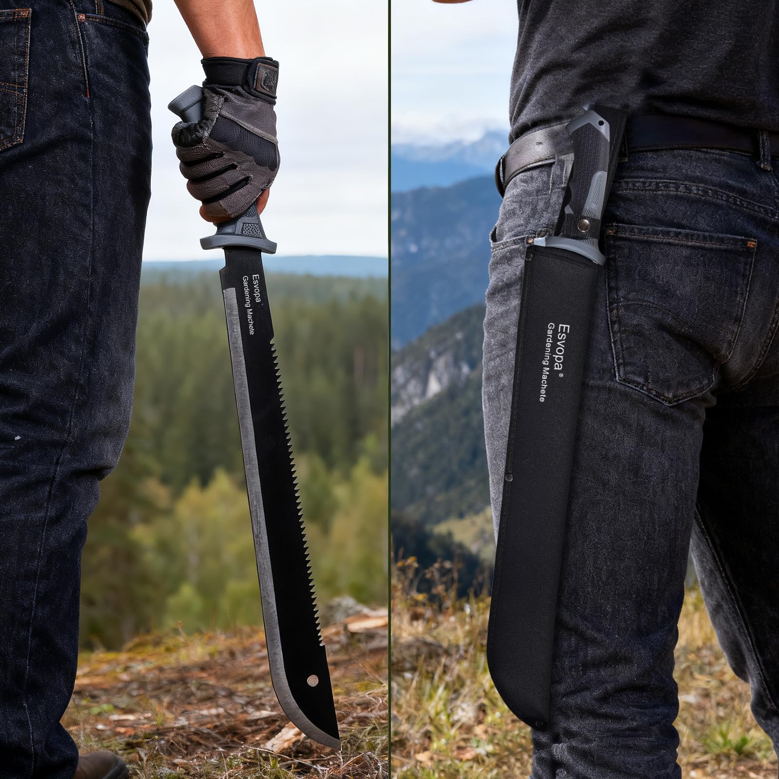 Esvopa Machette pour Bushcraft, couteau de survie avec scie pour